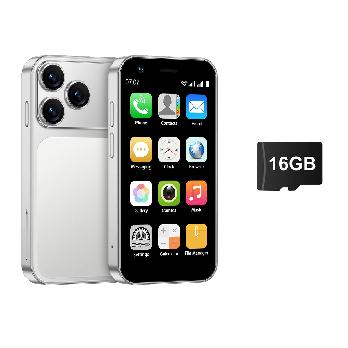 Silver 3-inch mini Android smartphone with 16GB storage badge and front apps screen