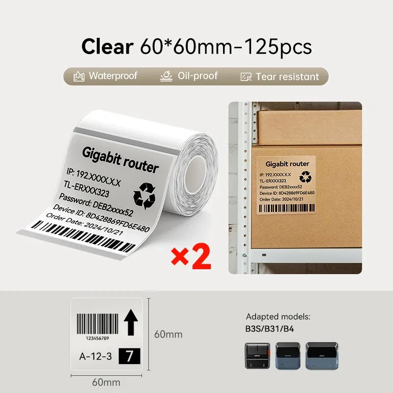 Clear 60x60mm label stickers roll, 125 pcs, barcode label example stickers