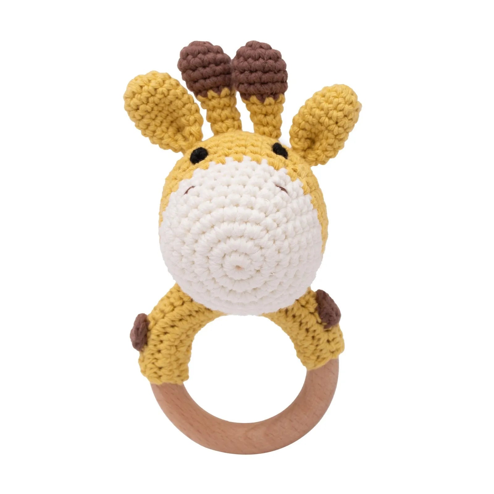 Yellow giraffe teething ring with natural wood and crocheted cotton for baby teething relief.