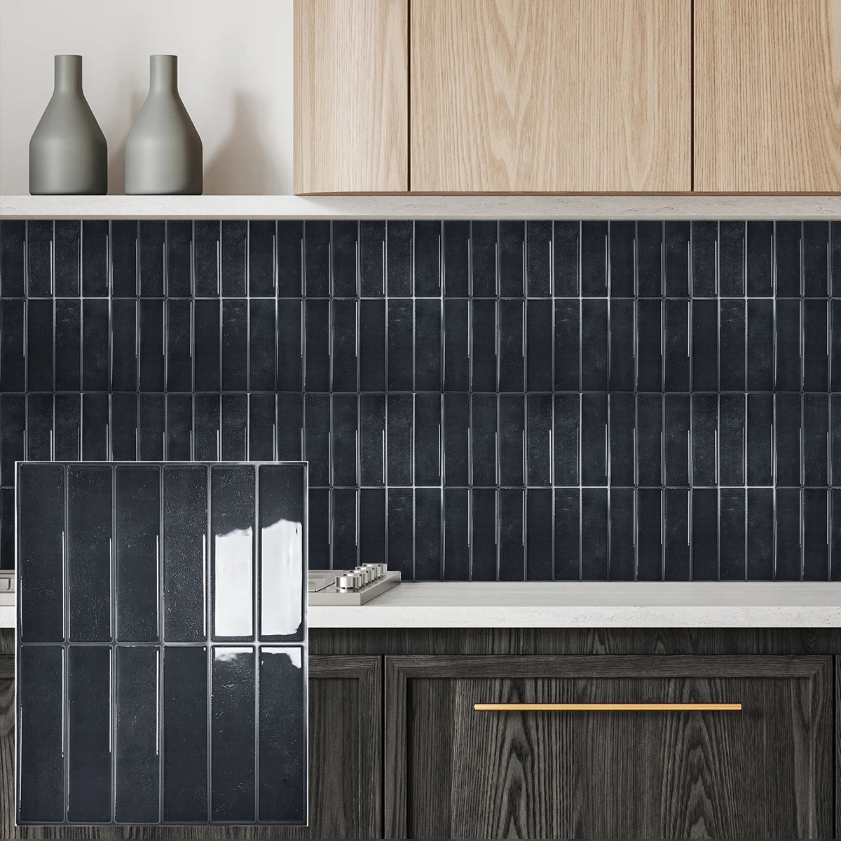 Peel-and-stick backsplash tile sheet, dark charcoal subway-style tile grid
