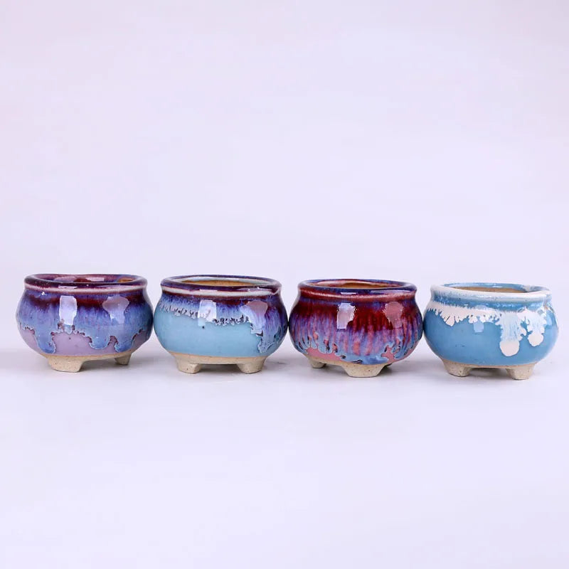 Mini ice-crack ceramic flowerpots, blue and purple drip glaze set of 4 on legs