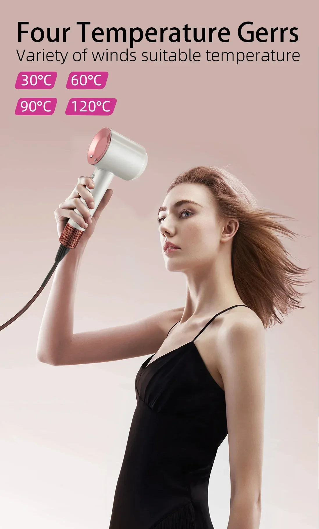 White and rose gold high-speed ionic hair dryer with 4 temperature settings for professional hair care styling.