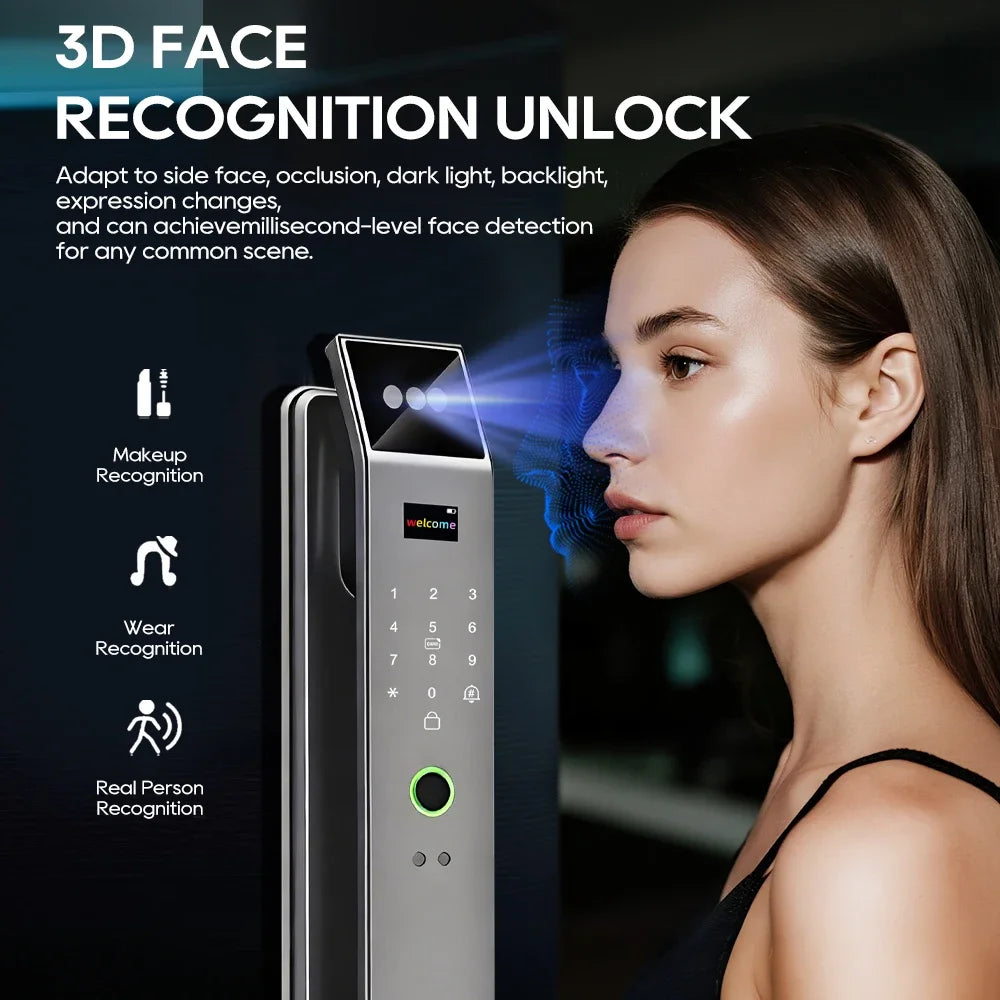 SANKESONG Tuya Smart 3D Face Door Lock with Security Camera Monitor Intelligent Fingerprint & Password Biometric Dual Battery