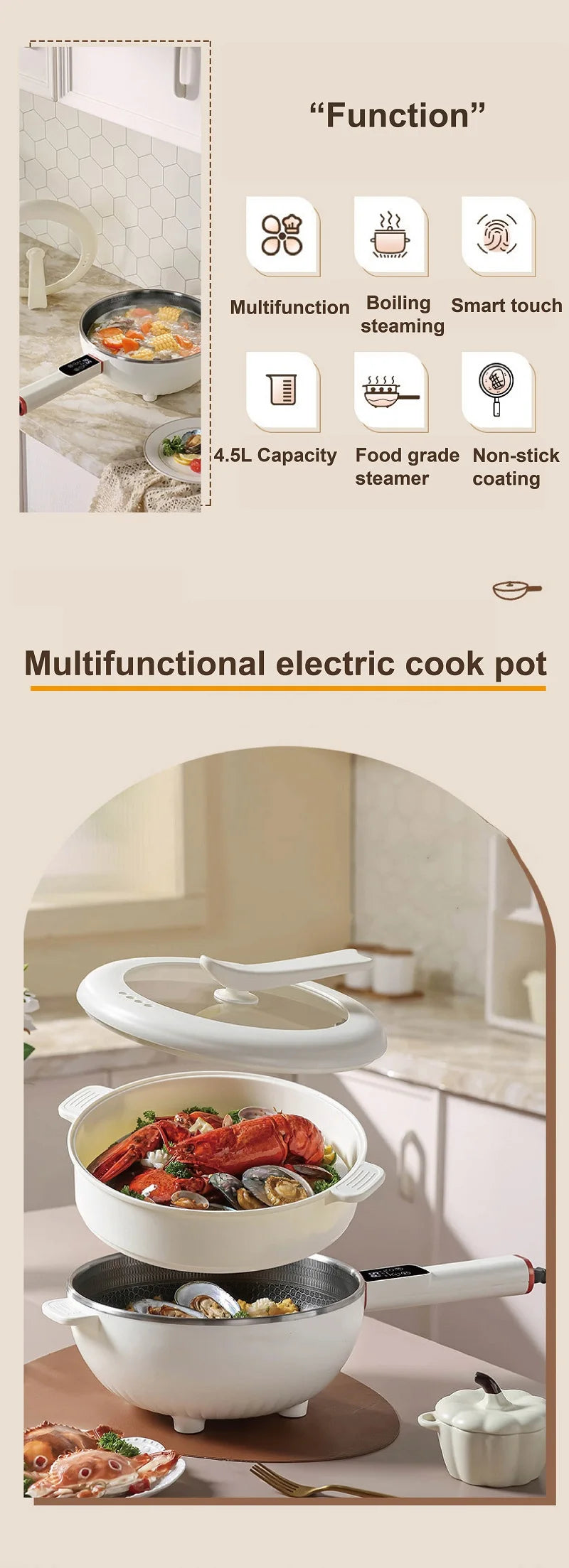 Multi-functional electric cooking pot with steamer setup and food in inner pan