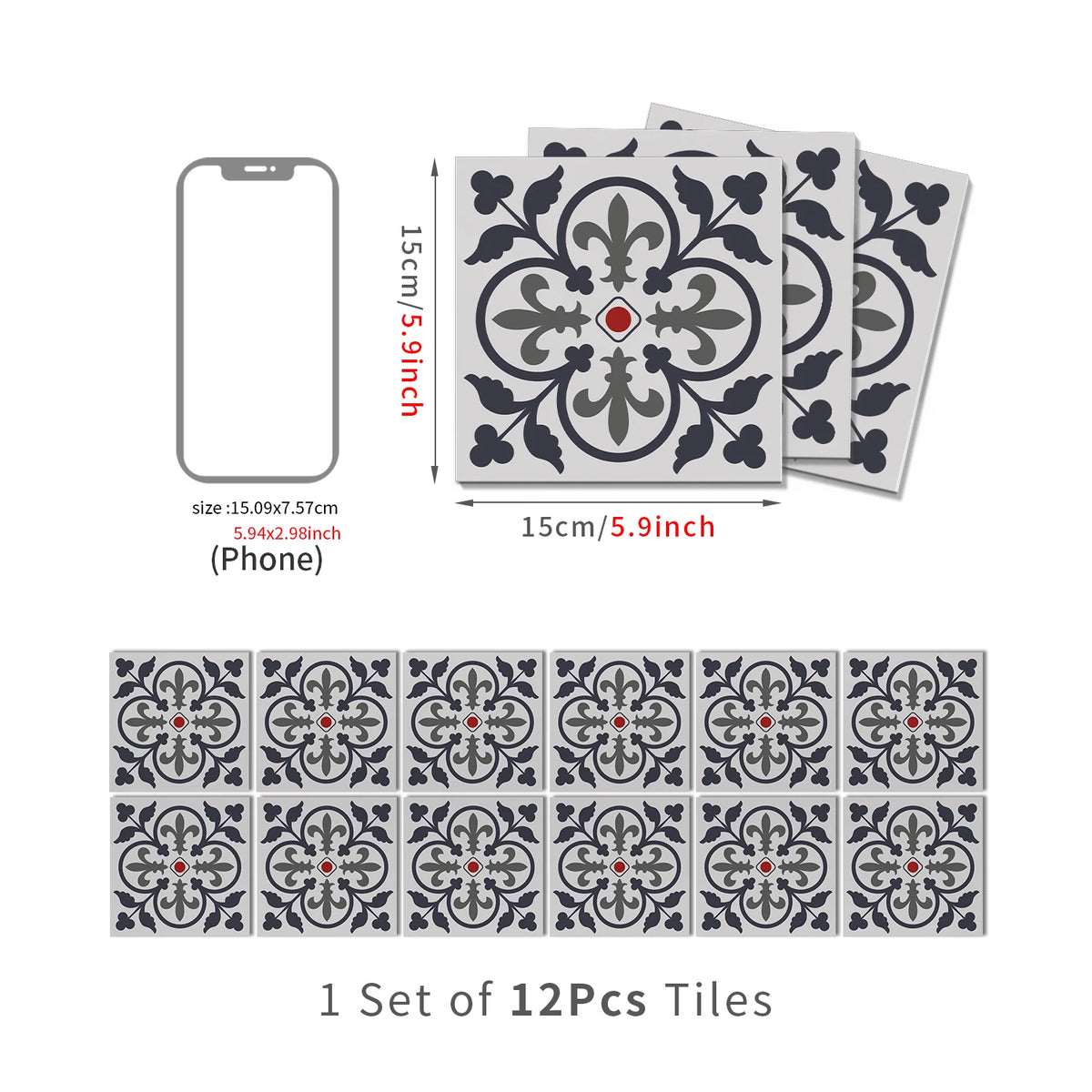 Moroccan peel-and-stick tile stickers, dark and white floral pattern, 12 tiles