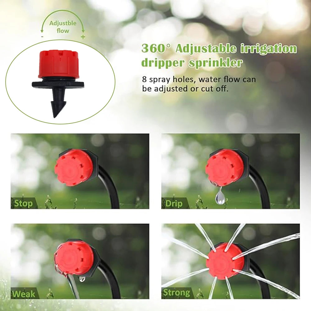 Adjustable 360-degree irrigation dripper sprinkler with red adjustable spray settings