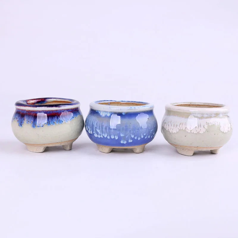 Mini ice-crack ceramic flowerpots, blue-and-white glaze set of 3 with rounded feet