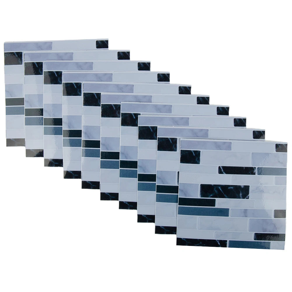 Stack of 3D mosaic tile sticker sheets, blue-white and black brick pattern, self-adhesive