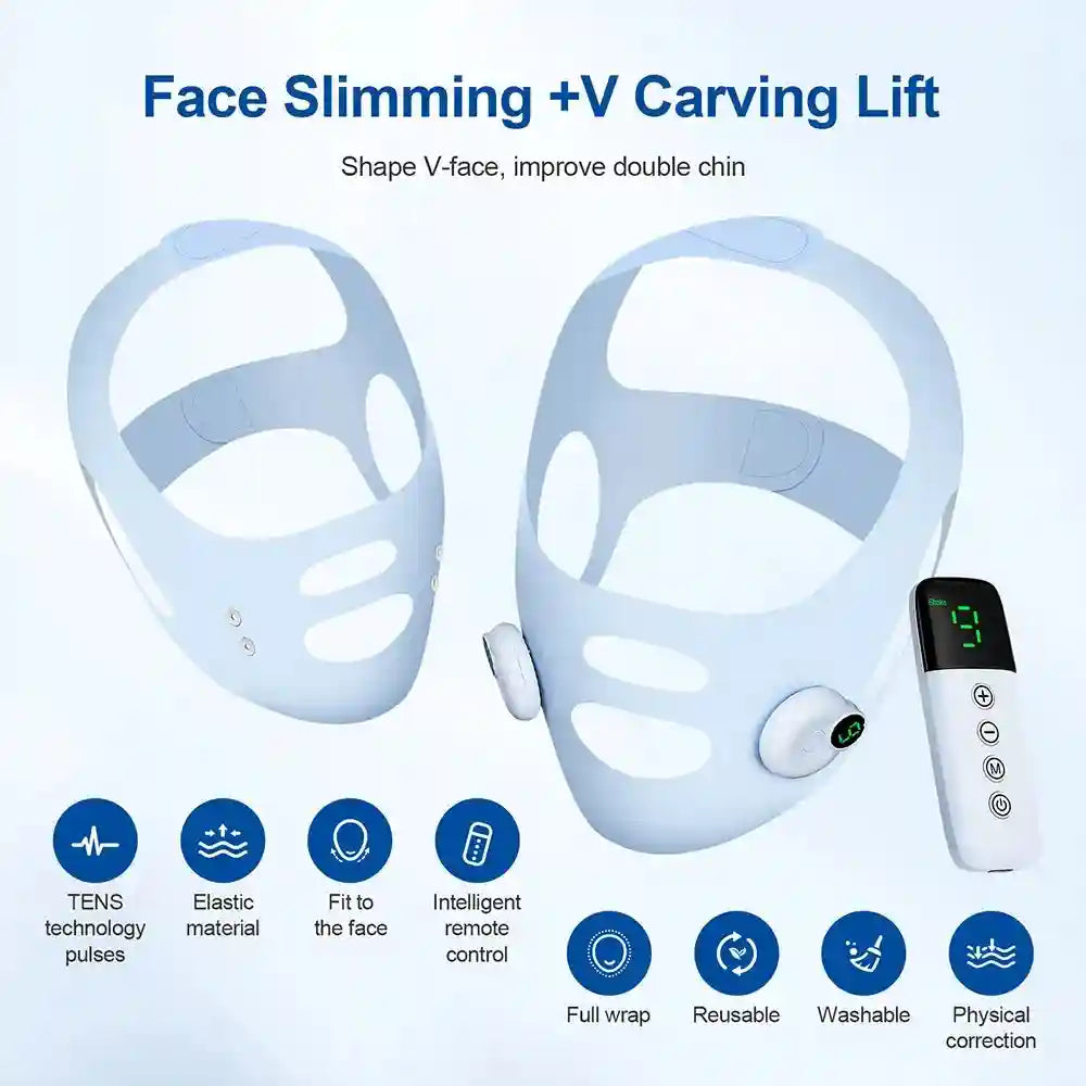 Light blue silicone facial EMS lifting strap and V-line shaping mask with a white handheld remote control.