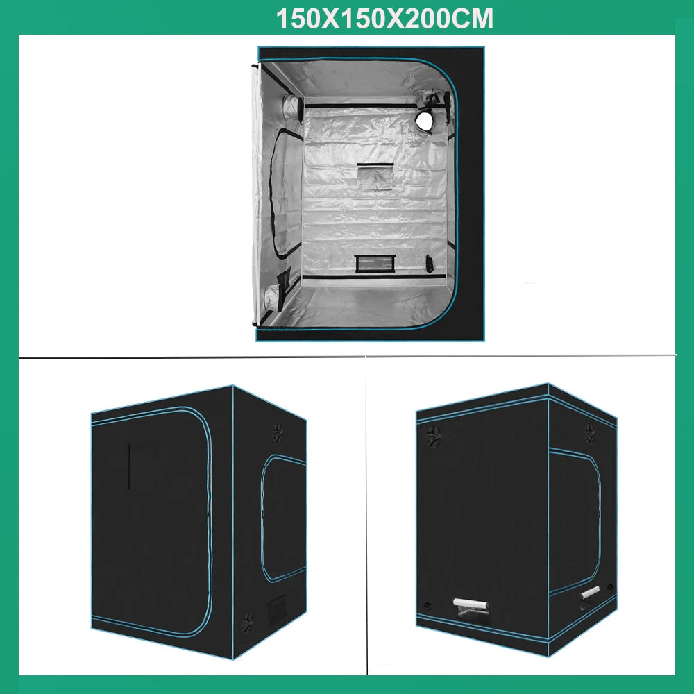 Grow tent set with dark frame and white inner lining, open view with hanging fixtures