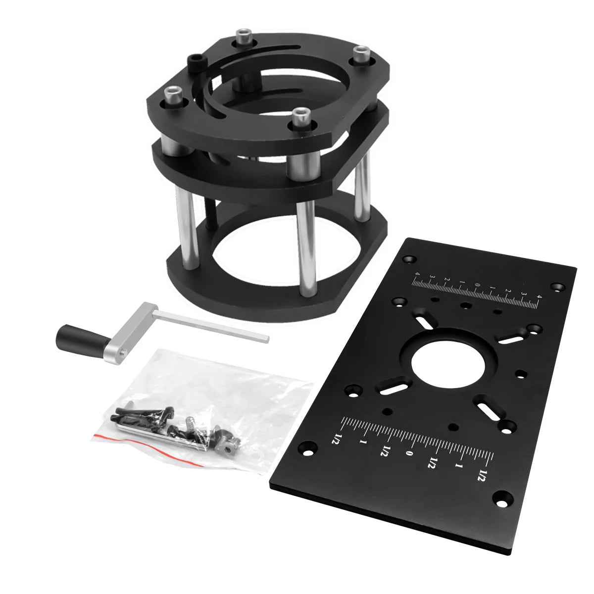 Aluminum router lift base with black fixed ring and black insert plate with measuring scale