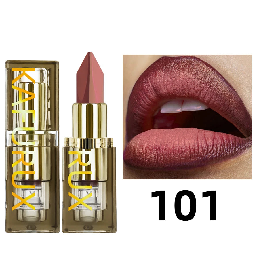Moisturizing lipstick shade 101 with a deep rose matte finish and gold tube packaging for elegant lip makeup.