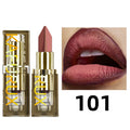 Moisturizing lipstick shade 101 with a deep rose matte finish and gold tube packaging for elegant lip makeup.