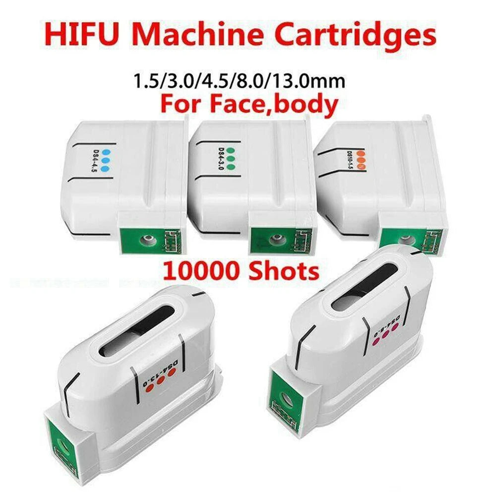 White HIFU machine replacement cartridges, 10000 shots, for face and body skin tightening, various depth sizes.