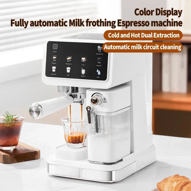 White automatic espresso machine with color touchscreen, built-in milk frother, and hot/cold extraction capability.