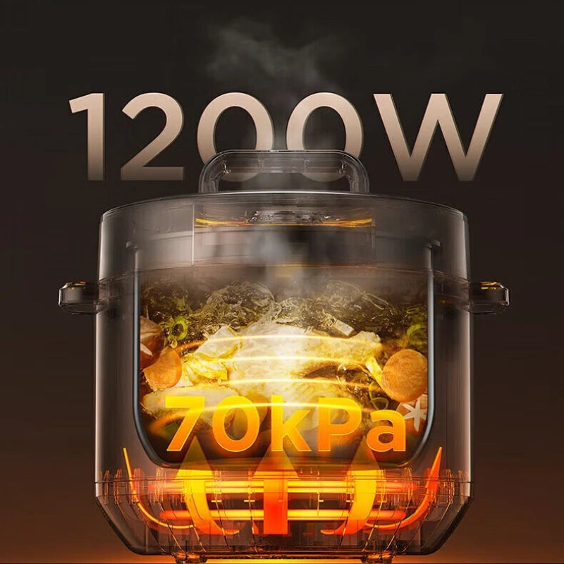Sealed inner pot view of electric pressure cooker showing steam and 70kPa heating
