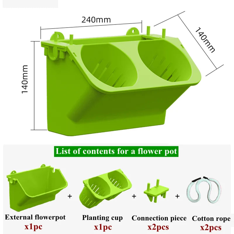 Light green two-cup wall flower pot with mounting tabs and stackable design