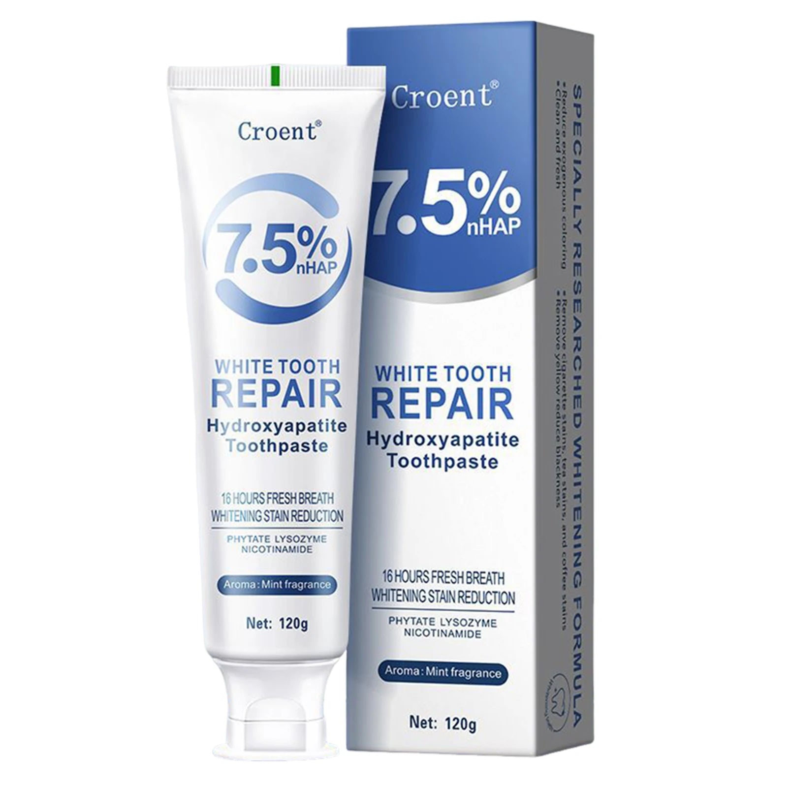 Tidesmit HAP toothpaste 120g tube with 7.5% hydroxyapatite for enamel repair, remineralization, and whitening.
