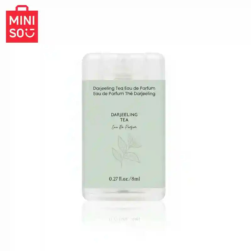 MINISO Darjeeling Tea EDP for men: 8ml portable rectangular woody fragrance spray with green tea botanical design.