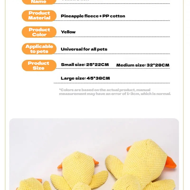 Yellow duck plush dog toy for interactive play, made of bite-resistant fleece to relieve pet boredom. Small to large.