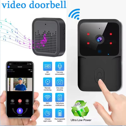 Black smart video doorbell with speaker grille, camera lens, and front button.