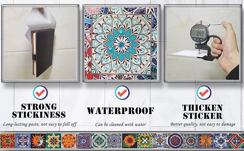 24pc Tile Stickers 4x4in Peel and Stick Backsplash Bathroom Waterproof Tile Stickers Colorful Mexican Tile Stick Home Decor