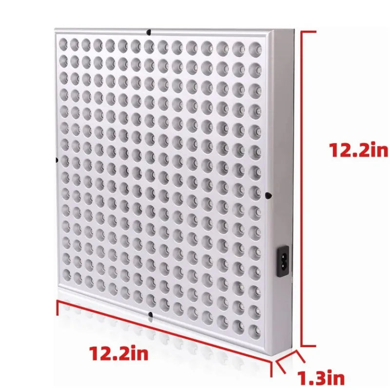 Square red light therapy panel with 225 LED bulbs, silver casing, and dimensions labeled in red.