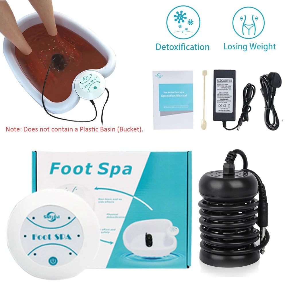 Ionic detox foot spa machine set with control unit, array, and power adapter for home health therapy and cleansing.