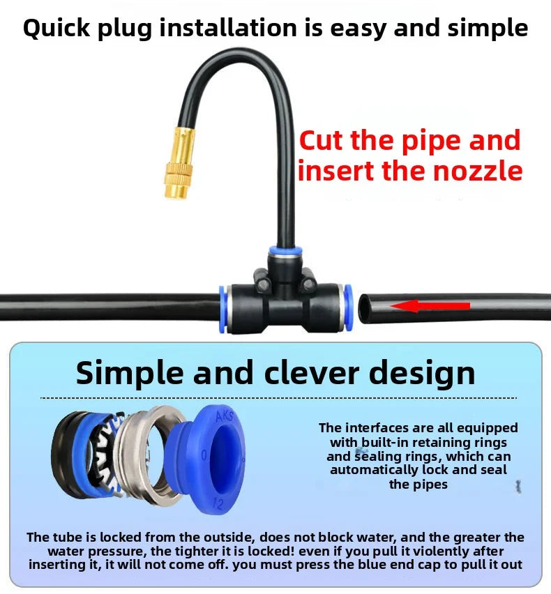 Universal irrigation sprinkler pipe fitting with quick-snap design and nozzle outlet