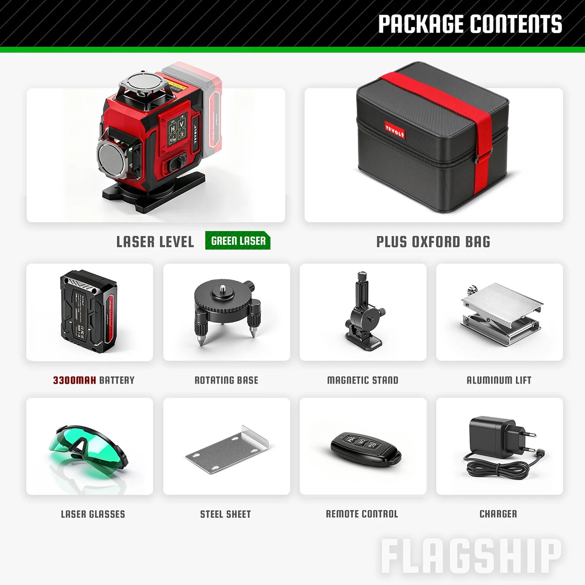 Green laser level kit with red laser unit, Oxford bag, laser glasses, steel sheet, charger