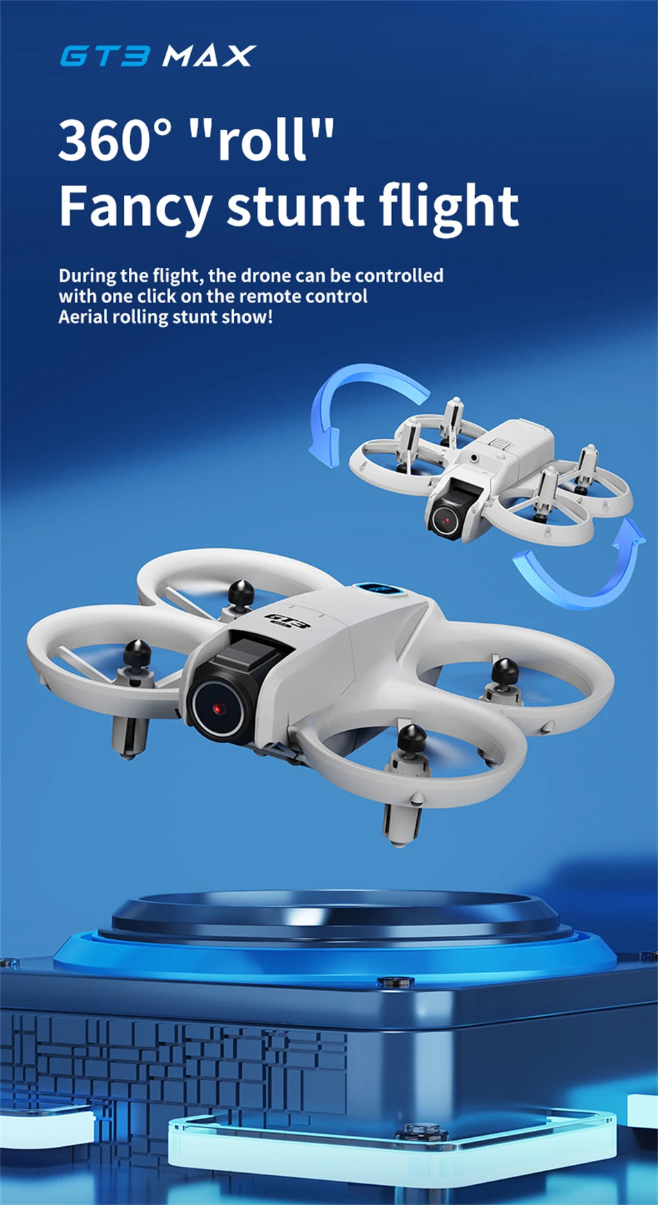 GT3 Max white plastic quadcopter drone with four shrouded propellers, designed for stunt flight and 360-degree rolls.