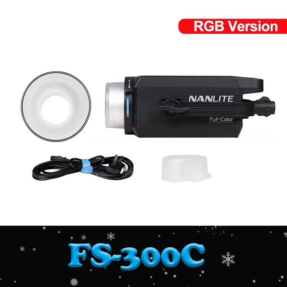 FS-300C RGB LED video light with reflector, protective cap, and power cable for studio lighting.