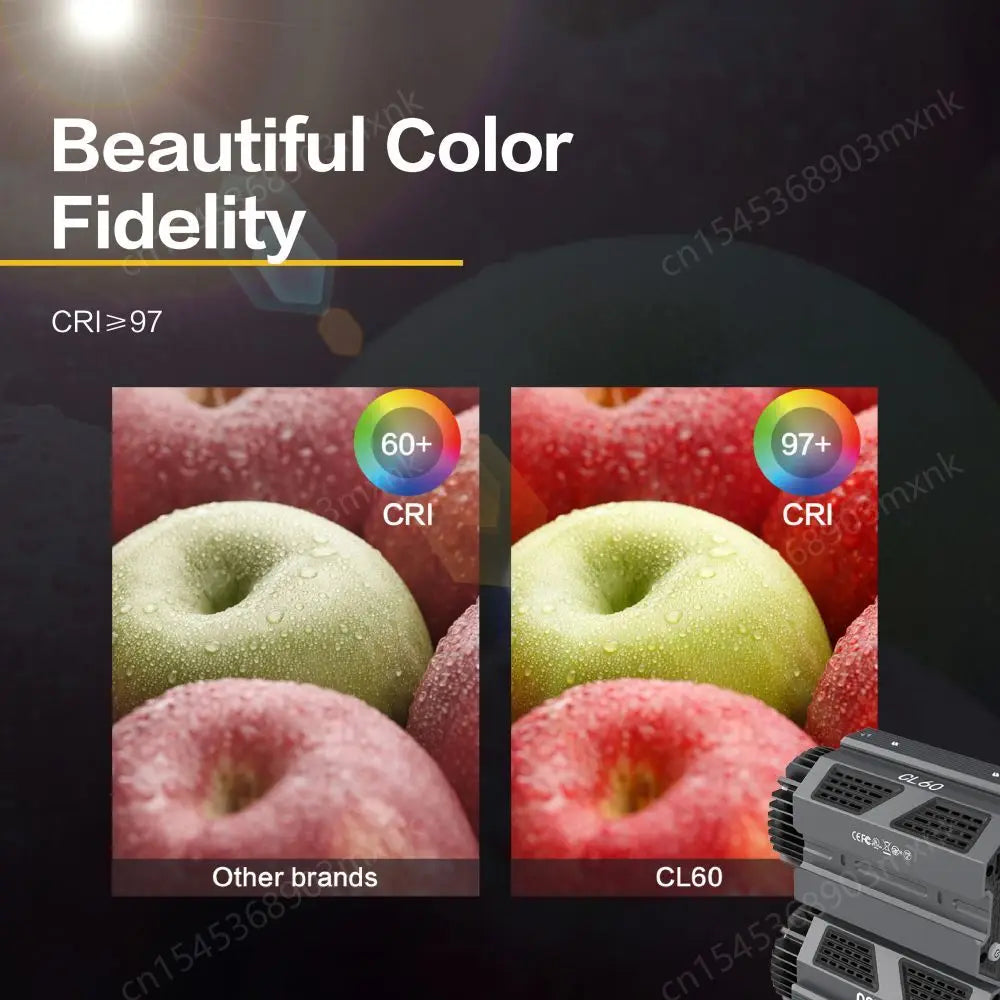 CL60 LED video light comparing color accuracy with a CRI of 97+ on apples to show high-fidelity lighting performance.