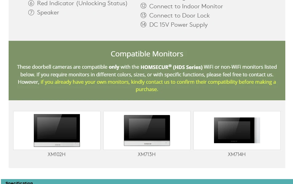 4 Wire IP65 HD Doorbell Camera 13.56Mhz IC Card Access 120° View Angle For HOMSECUR 1080P Tuya WIFI Video Doorbell Intercom