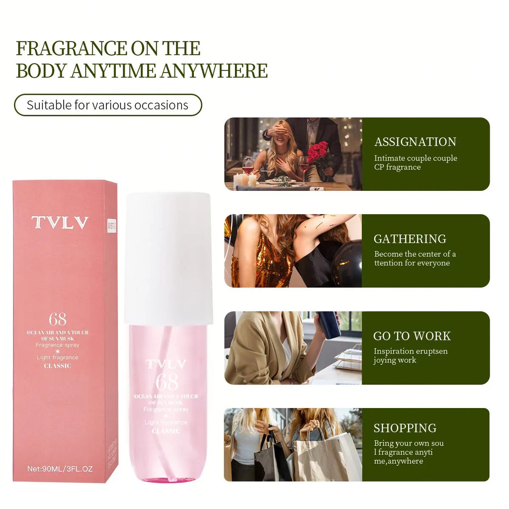TVLV 68 Ocean Musk perfume spray: alcohol-free, long-lasting Brazilian fragrance in a pink bottle for party wear.