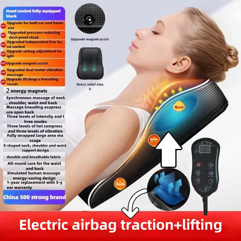 Black electric neck and back massage pillow with heating, airbag adjustment, and a digital hand controller.