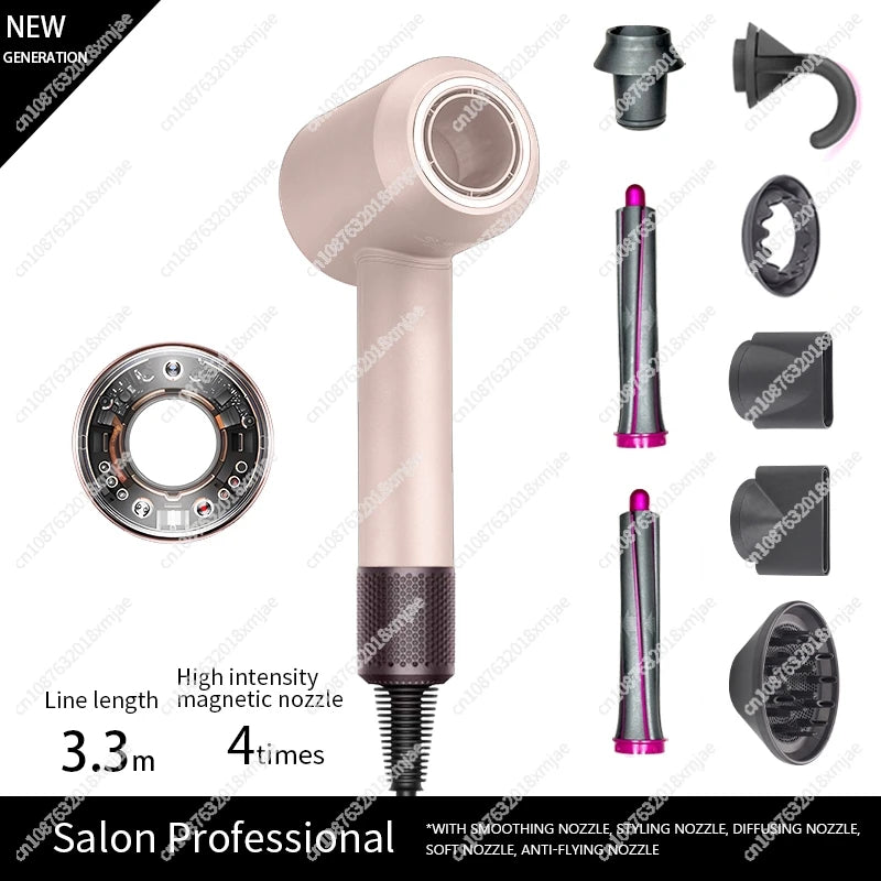 Rose gold leafless ionic hair dryer with magnetic styling attachments for professional salon-quality hair care.