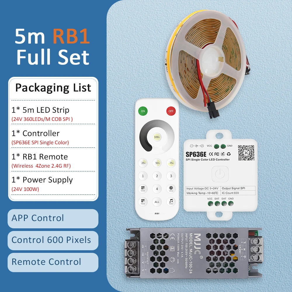 5m COB LED strip kit with RB1 controller, remote, and power supply