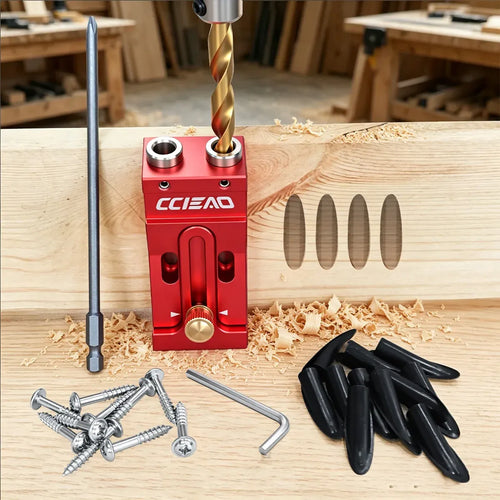 Red pocket hole jig on wood with gold drill bit, screws, hex keys, and black guide caps