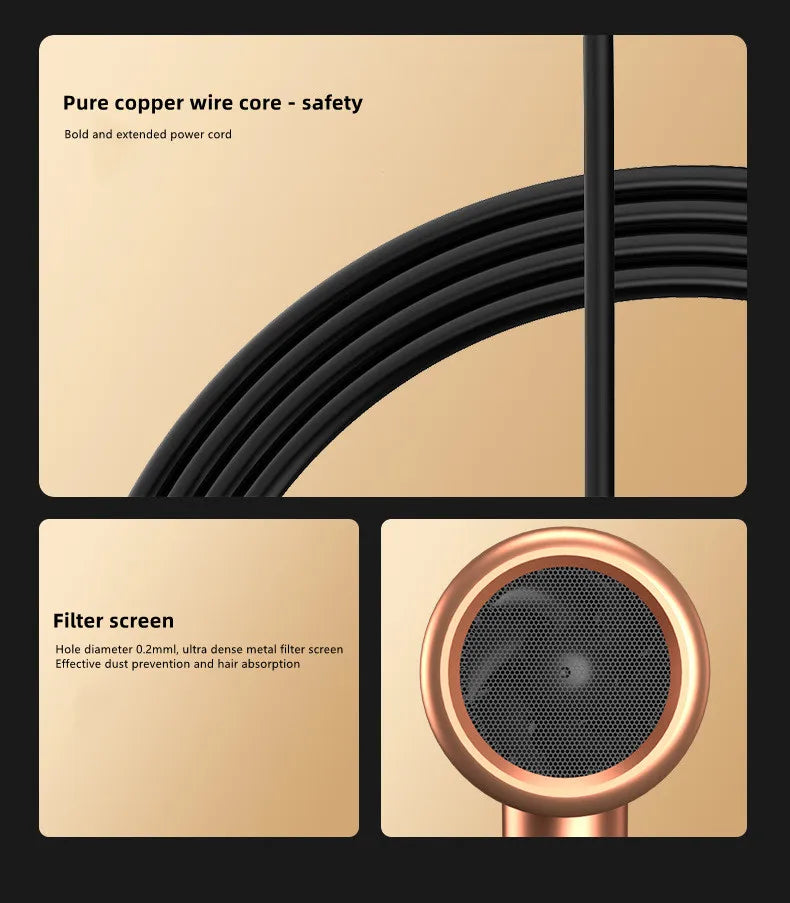 2400W hair dryer details: rose gold finish, ultra-dense metal filter screen, and thick, safe copper wire power cord.