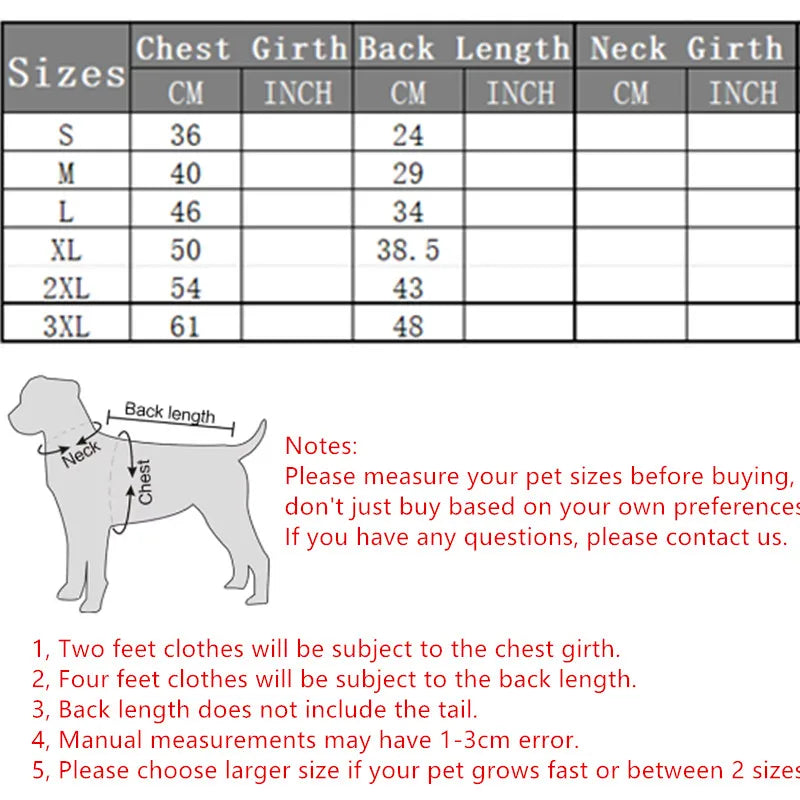 Sizing chart for waterproof, reflective winter dog jacket, raincoat, and warm snowsuit for small to large breeds.