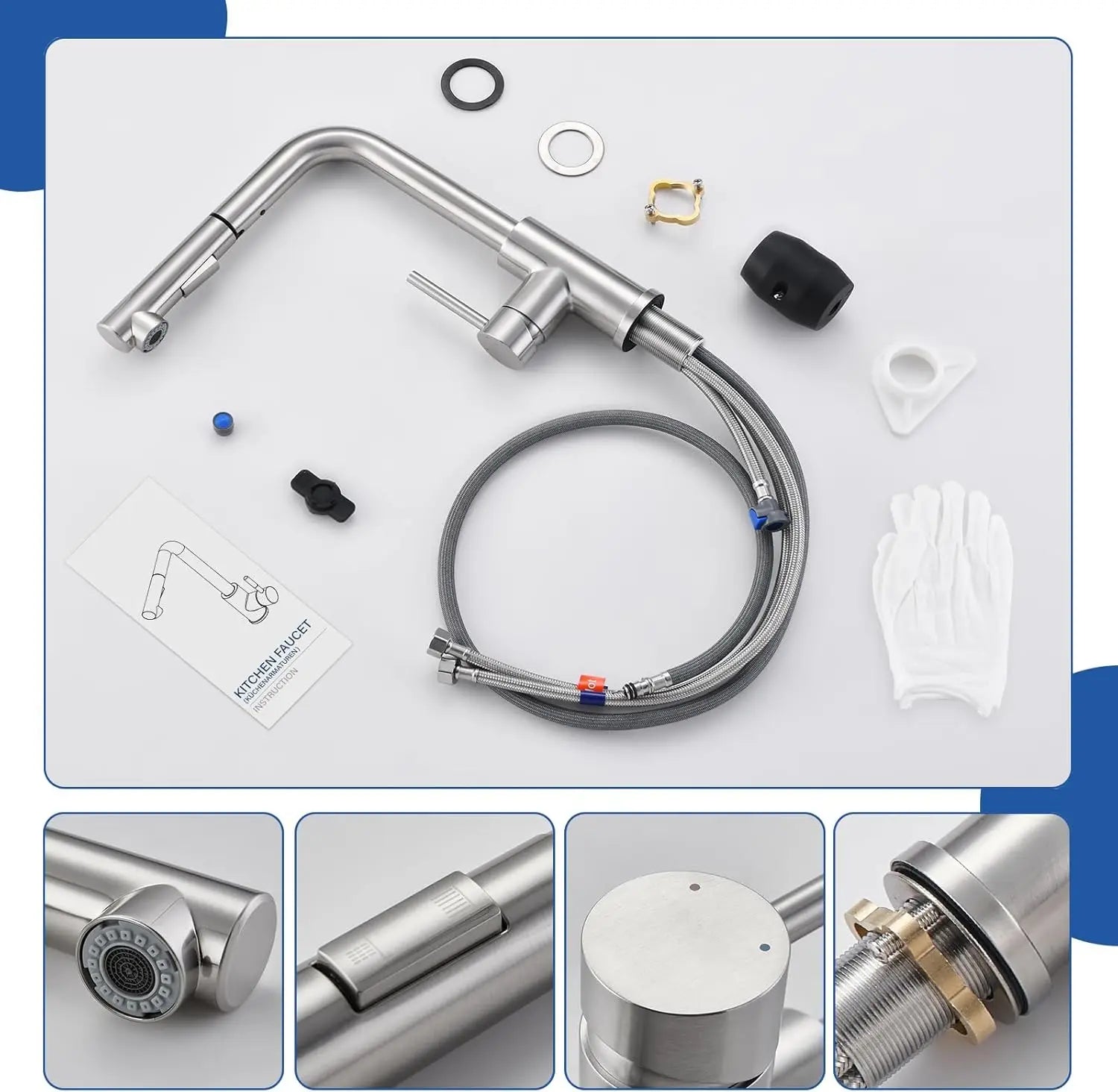 304 stainless steel kitchen tap, pull-out sprayer, brushed finish, 360° swivel, perfect sink mixer tap for kitchen toilet