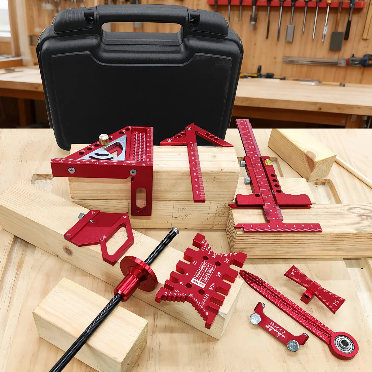 10pcs Woodworking Square Kit with Box, Aluminum Scribeing Ruler,Center Finder,Circular Drawing Compass,Honing Guide,Height Gauge