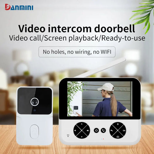 Video doorbell intercom with outdoor camera and indoor screen, white unit set
