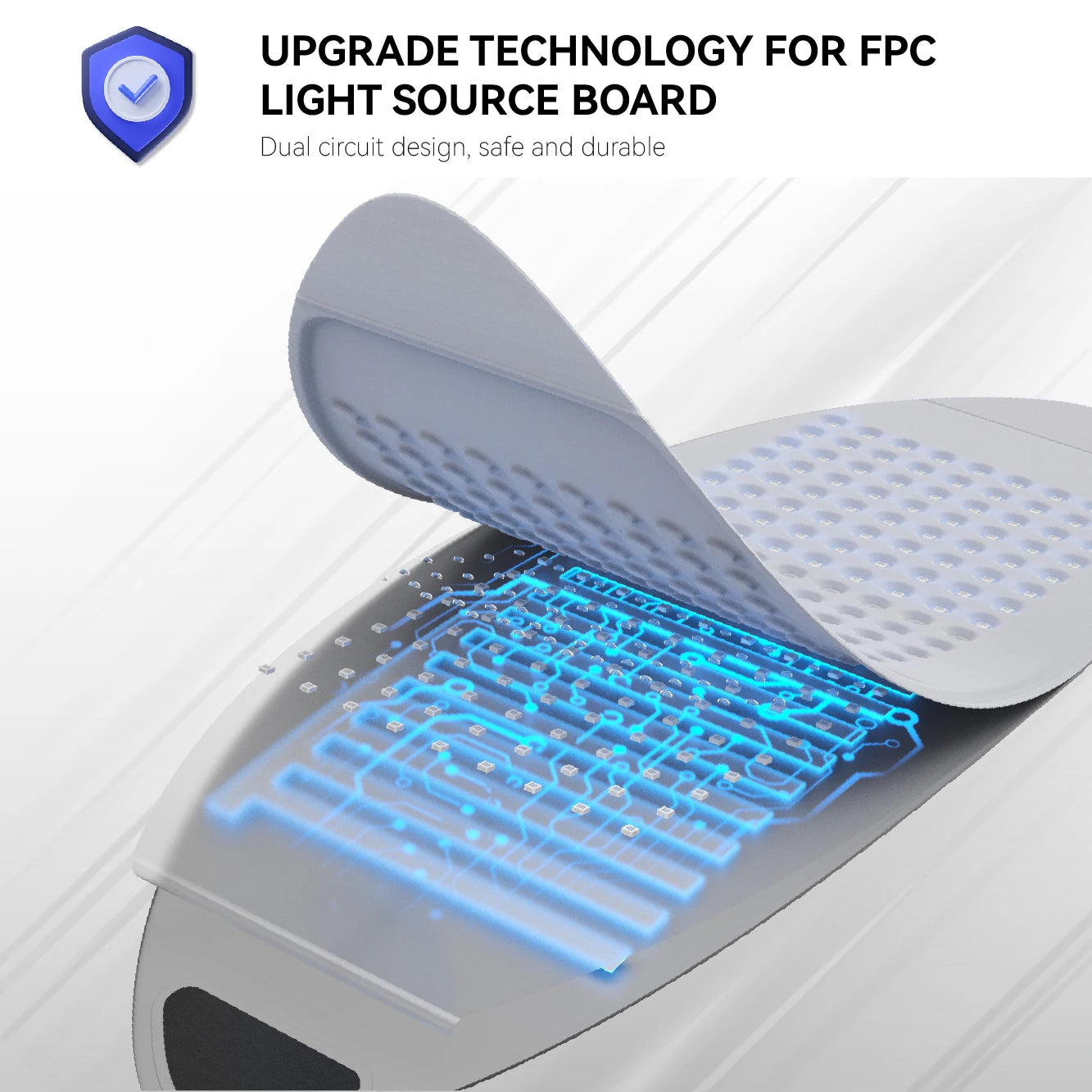 Close-up of a white, flexible LED face mask showing the internal blue glowing FPC circuit board technology.