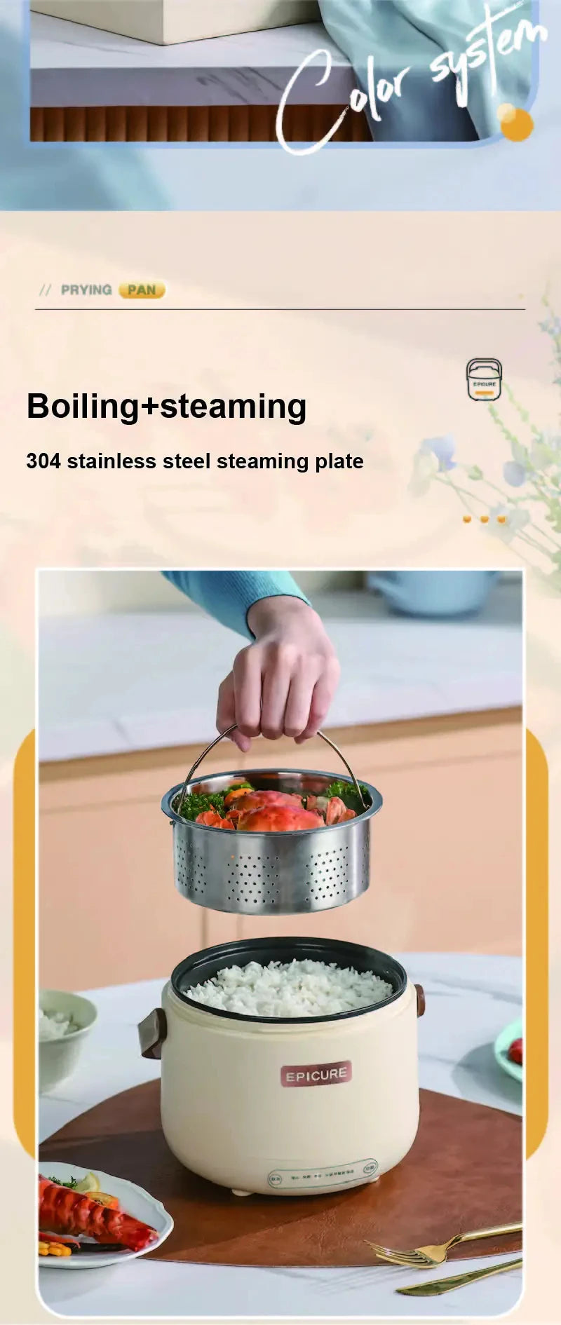 White mini electric cooker with perforated steaming plate insert, steaming contents.