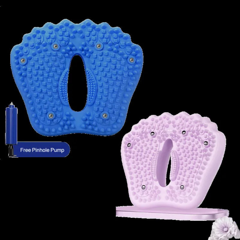 Blue and lavender foot-shaped acupoint massage mats with embedded magnetic stones and an included pinhole pump.