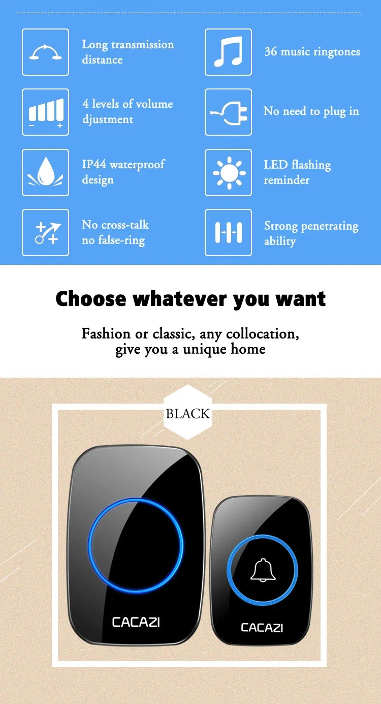 CACAZI 36 music 110DB 300M Wireless Doorbell Waterproof Remote Battery powered Smart Door Bell Battery 1  2 Button 1 2  Receiver