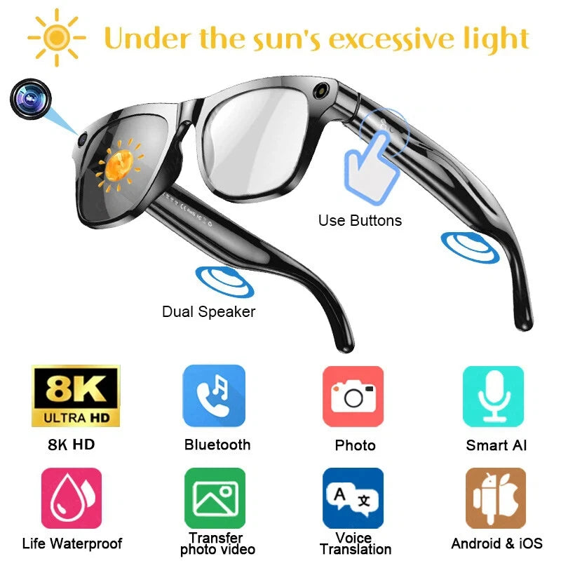AI Smart Glasses with 8K Camera and Spatial Audio - Tidesmit Black Tidesmit