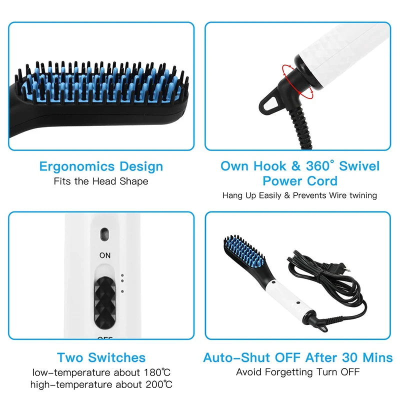 White and black beard straightener with blue bristles, 360-degree swivel cord, and dual heat settings for styling.